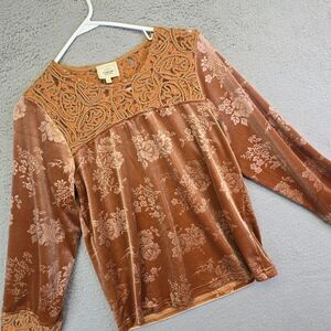 Sterling Stitch Top Womens XS Brown Velvet Floral Lace Trim‎ Western Hippie